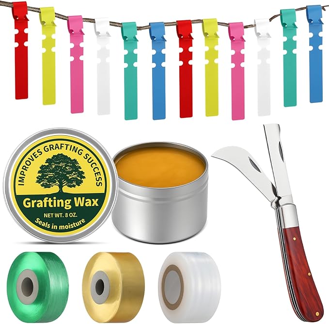 Grafting Kit 8 Oz Grafting Wax 2-5/8 Curved Straight Blades Garden Knife 3 Tape 12 Plant Labels for Successful Floral Fruit Tree