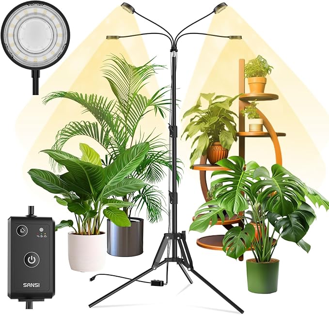 SANSI Grow Lights for Indoor Plants 4 Head Dimmable Plant Lights for Indoor Growing 40W 35-65 Adjustable Standing Plant Grow Lights Indoor Tripod Auto On/Off Timer Grow Light