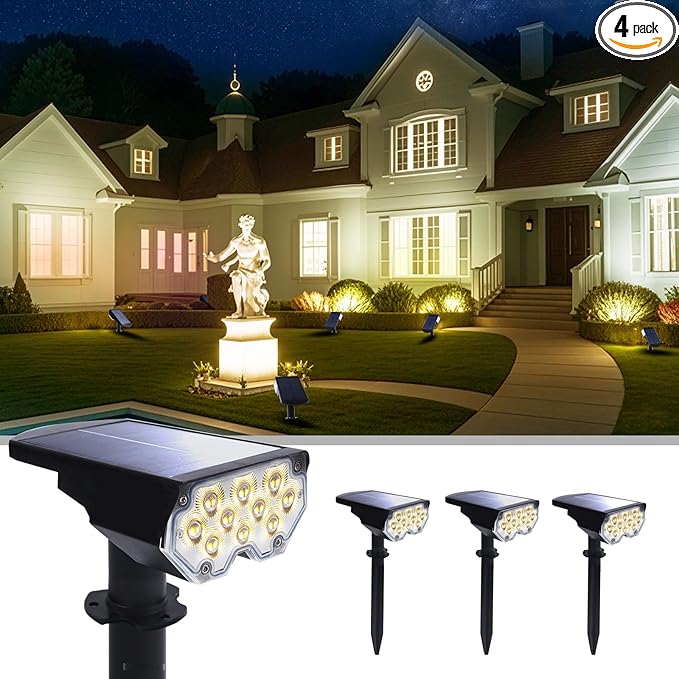 4 Pack Solar Powered Outdoor Spot Lights Outside Waterproof 20 LEDs Landscape Spotlights Dusk to Dawn for House Yard Tree Plants Walls Path Garden Statues Superior Accent Lamp Warm White