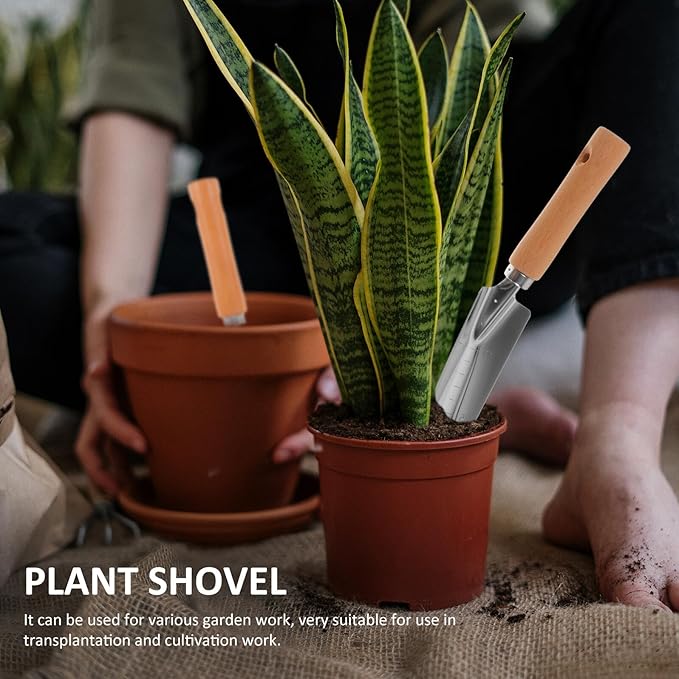 4pcs Gardening Tool Set Small Garden Shovels with Wooden Handles Including Wide Shovel Pointed Trowel 3-Prong Rake and Cultivator for Planting and Lawn Care