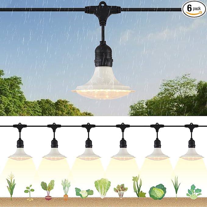 Outdoor LED Grow Lights Waterproof String Grow Light Full Spectrum Plant Growing Lights with 22Ft Cord 6 Lights for Outdoor Greenhouse Planting Rainproof and Windproof