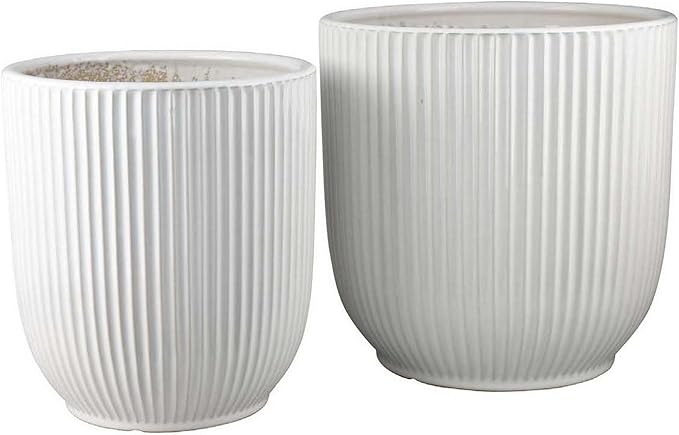 Accent Planter Set of 2 White Ceramic Vertical Ribbed Texture