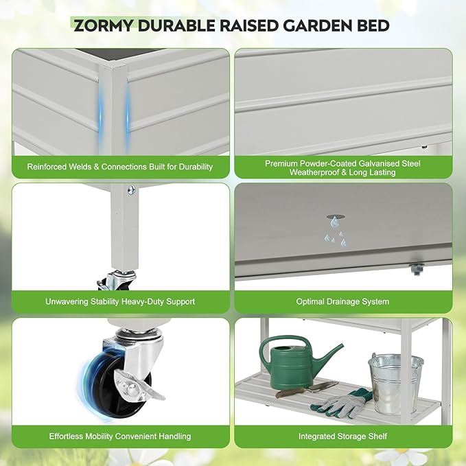 ZORMY 32 Tall Galvanized Raised Garden Bed with Legs Wheels &amp Shelf Elevated Planter Box Outdoor for Vegetables Herbs &amp Flowers Patio &amp Backyard Garden Bed with 400lb CapacityGrey
