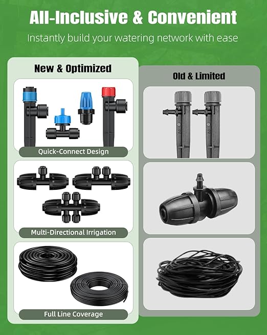 Pawfly 250 ft Drip Irrigation System Quick-Connect Drip Irrigation Kit with 50ft 1/2 &amp 200ft 1/4 Tubing and Accessories Garden Watering System for GreenhouseYardsLawnRaised Bed