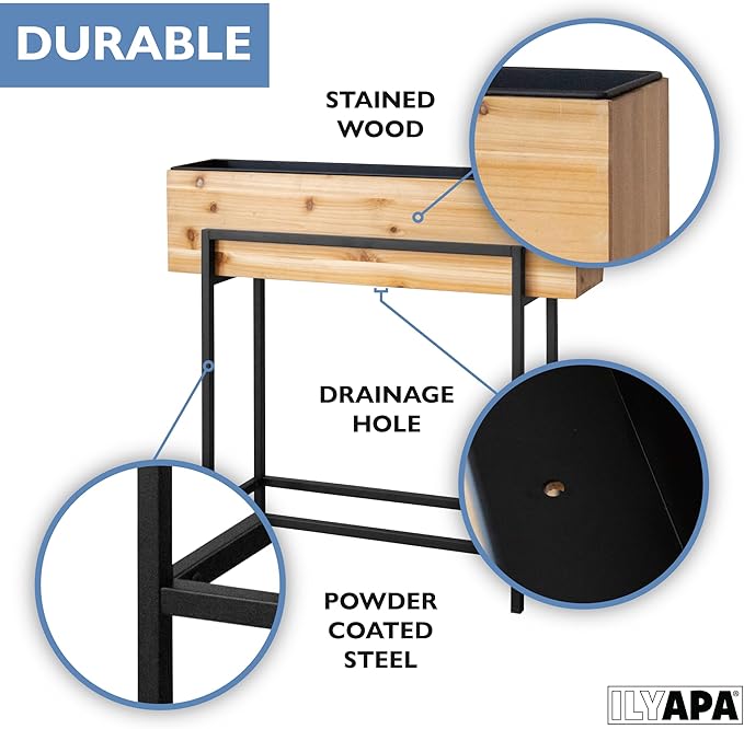 Ilyapa Raised Standing Planter with Legs Metal and Wood Elevated Planter Box 33x35.5x7 Indoor Outdoor Perfect for Living Room Front Porch