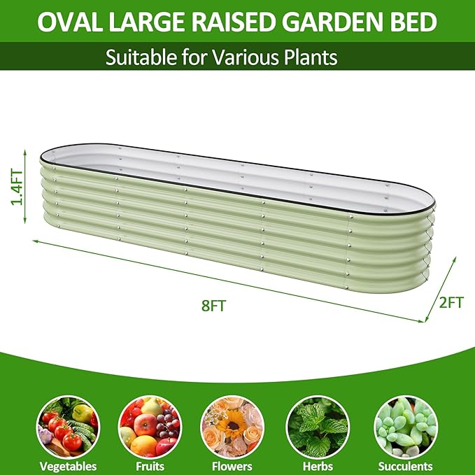 Gruper Galvanized Raised Garden Bed 8×2×1.4 ft Tall Oval Large Metal Planter Raised Garden Boxes Outdoor for Vegetable Fruits Flower Herb Anti-Rust and Sturdy &amp Easy-Setup