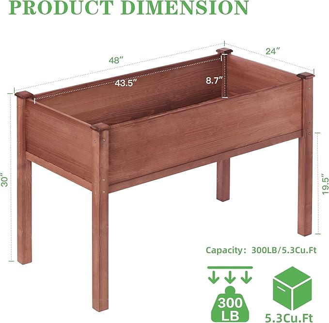 48×24×30 Inch Raised Garden Bed with Legs Solid Wood Elevated Planter Box Stand with Liner for Outdoor Backyard Patio Balcony