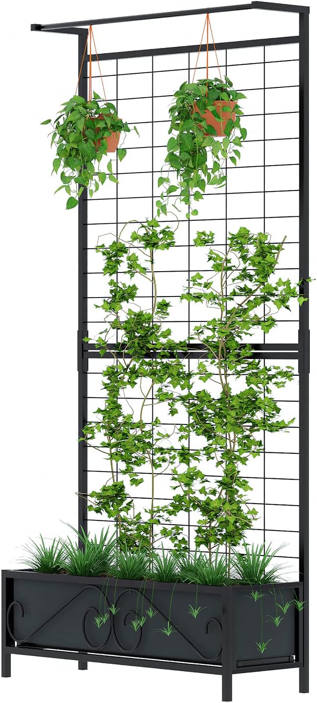 Zhongma Metal Planter with Trellis Raised Bed with Trellis for Vine Climbing Plants Flowers(12.8 x 35.43 x 74 in) 74 Inch Height Privacy Screen with Hanging Plant Pot Shelf