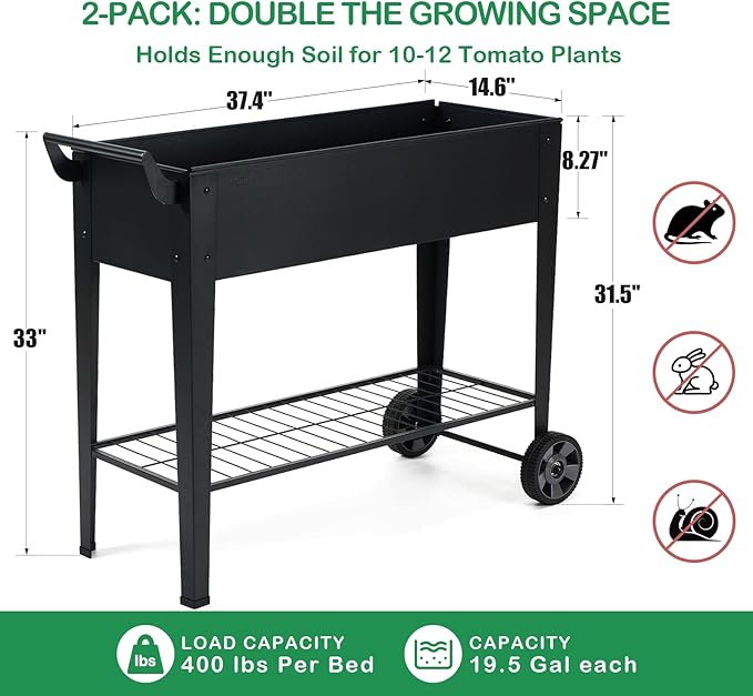 2-Pack 32”Height Elevated Raised Garden Bed with Wheels &amp Storage Shelf 400 Lbs Capacity Anti-Rust Space-Saving Planter for Vegetables Herbs Patio Balcony Backyard