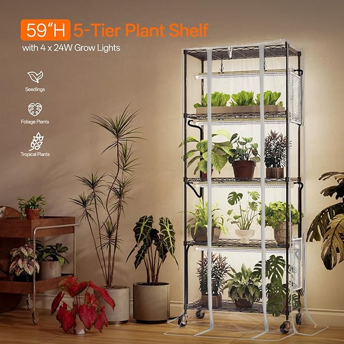 Bstrip Indoor Greenhouse 5 Tier 23.5x13.8x59 Mini Greenhouse with Grow Light 4 Pack 24W Full Spectrum Plant Lights &amp Timer Plant Stand with Grow Light for Indoor Plant Seed Starting Seed T