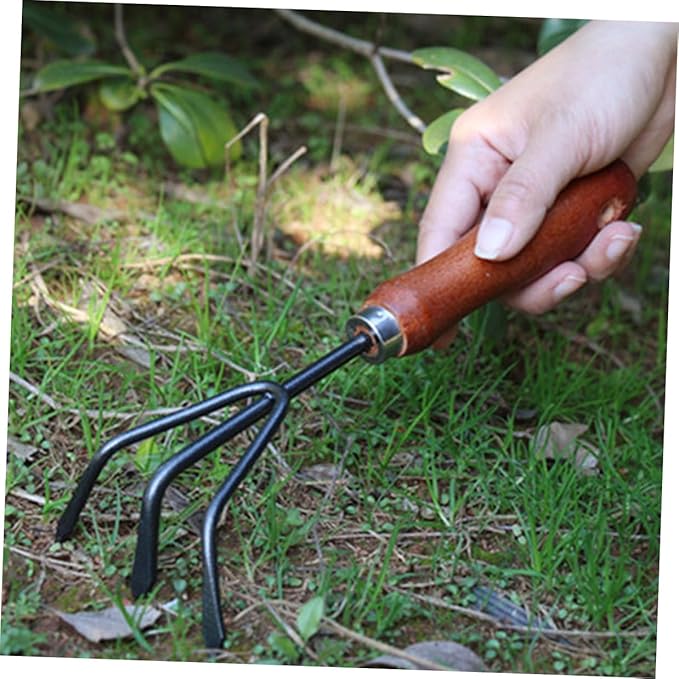 Garden Tool Set 4pcs Mini Hand Trowel and Narrow Spade with 3-Prong Rake Dual-use Hoe and Soil Scoop for Flower Planting and Vegetable Gardening