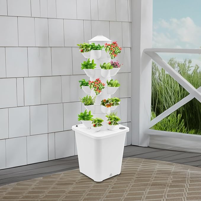25-Plants Vertical Hydroponics Tower System Growing System Vertical Garden Planter with Pump &amp Water Tank Hydroponic Mechanism for Home Kitchen Balcony - White