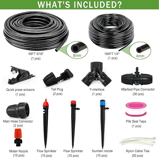 Drip Irrigation Kits 213 FT Mist Cooling Automatic Irrigation System for Outdoor Plants with Distribution Tubing Hose Garden Watering Sprinklers System for Yard Lawn Patio Greenhouse