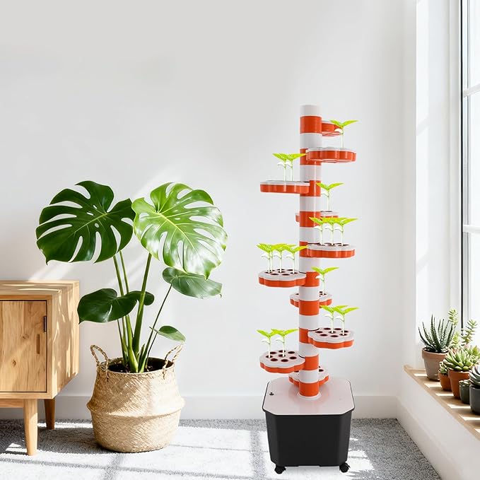 80 Pots Hydroponics Tower Growing System 10Layer Movable Hydroponics Tower with Timer &amp Water Pump Planter Towers Vertical Hydroponic Towers Starter Kit Indoor/Outdoor Planter