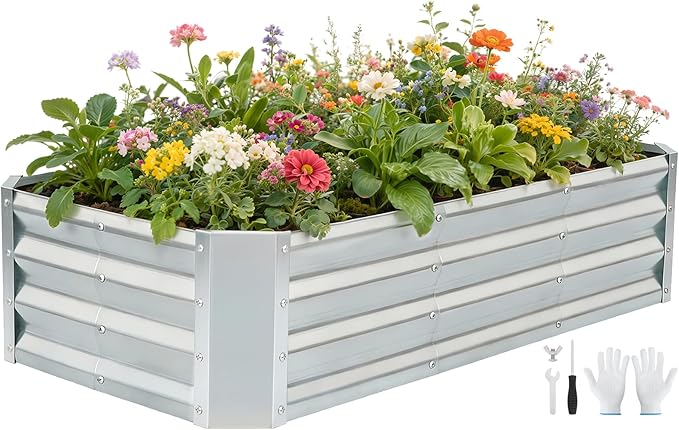 G GOOD GAIN 4x2x1ft Raised Garden Bed – Galvanized Metal Planter Box for Vegetables Flowers Herbs Fruits – Outdoor Garden Beds with Open Bottom Sliver