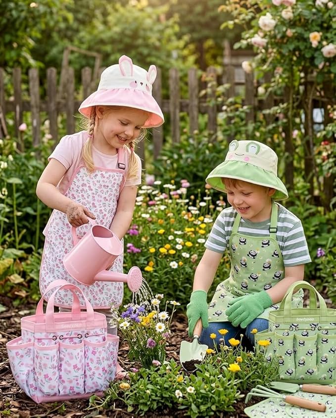 Kids Gardening Tool Set Toys - 8 Pieces Quality Garden Kit for Toddlers &amp Kids with Shovels Rake Watering Can Hat Apron Gloves &amp Storage Bag (Pink Flower)