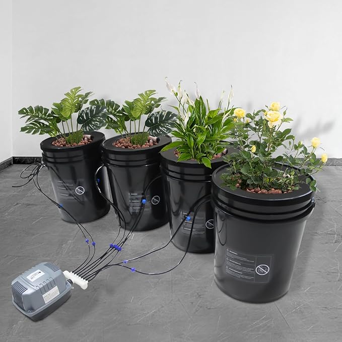 DWC Hydroponics Growing System 5 Gallon Deep Water Culture Recirculating Drip Garden System Kit with Multi-Purpose Air Hose Air Pump and Air Stone (4 Bucket + Reservoir Kit)