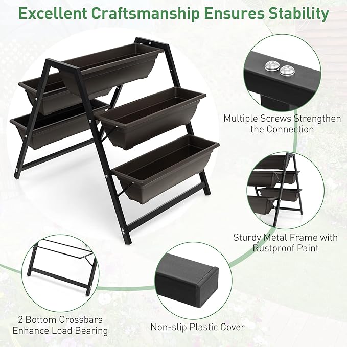 Giantex Vertical Raised Garden Bed 5 Planter Boxes Container w/Drainage Holes 31”H Freestanding Heavy-Duty Metal Frame Indoor Outdoor Raised Bed for Vegetables Herbs Flowers to Grow