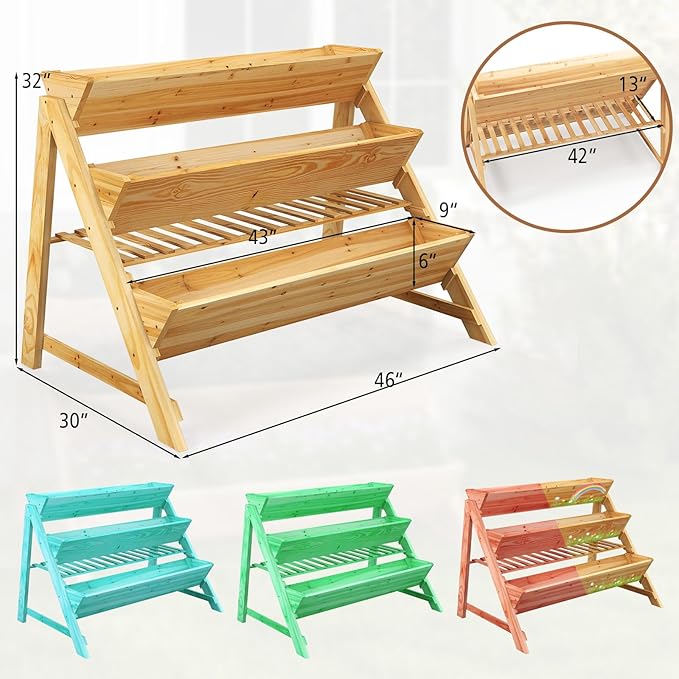 HOMGX 3-Tier Vertical Garden Bed Wooden Tiered Planter Raised Bed with Legs &amp Storage Shelf for Flowers Herbs Vegetables Freestanding Outdoor Plant Box Stand for Patio Balcony