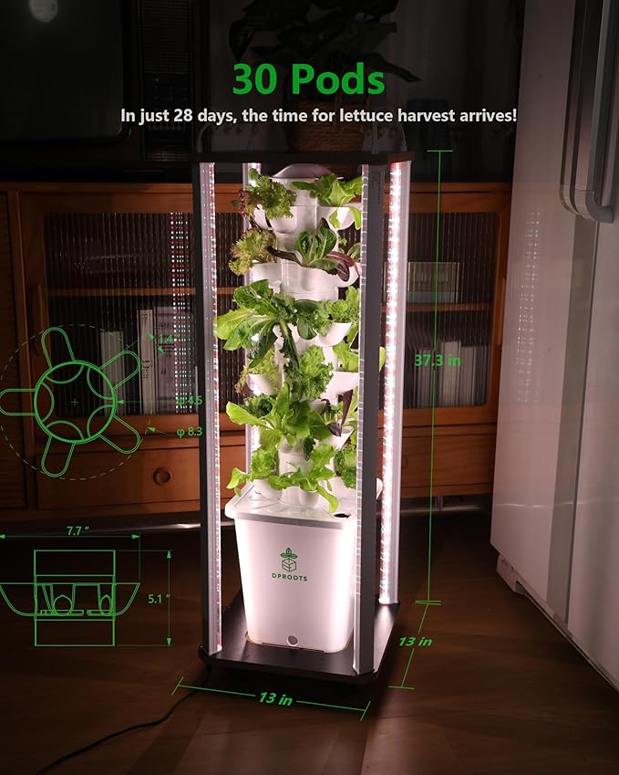 Hydroponic Tower Growing System Kits30 Pods Vertical Indoor Garden360° Full-Spectrum Lighs Automatic Water Circulation SystemSuitable for Leafy Greens and Herbs