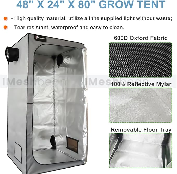 Grow Tent Kit Complete 4x2 ft High Reflective Mylar Hydroponics Indoor Plant Growing Tent with LED Grow Light Ventilaion Fan Growing System+Accesseries (48 x 24 x 80 - Gray)