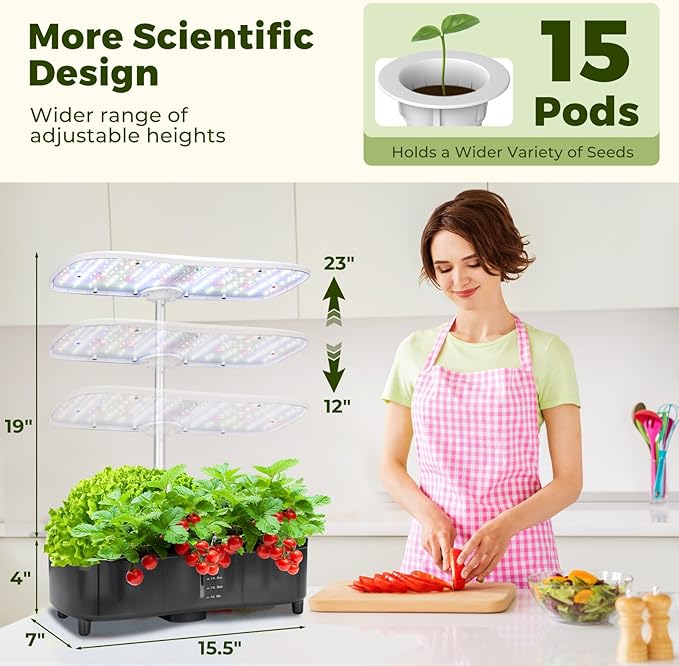 Kingsyard Smart Hydroponics LED 48W Indoor Garden Grow System Visible 5L Tank Quiet Pump Auto Timer Kit 15 Pods Herb Seed Starter for Veggies &amp Salad Greens Plants