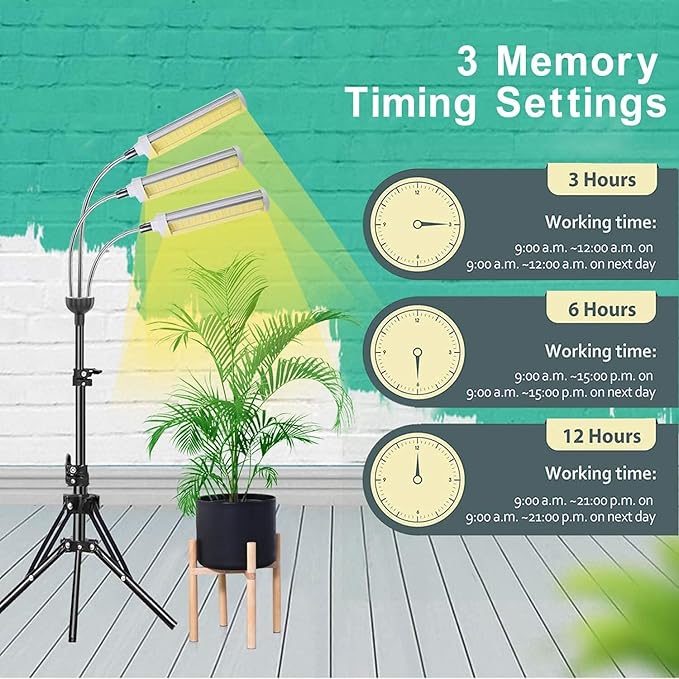 Plant Grow LightGrow Light for Indoor Plants with 20-60'' Height Adjustable- Full Spectrum Timer 3 Switch Modes Adjustable Tripod Stand &amp Gooseneck for Larger Plants (Tri Heads)