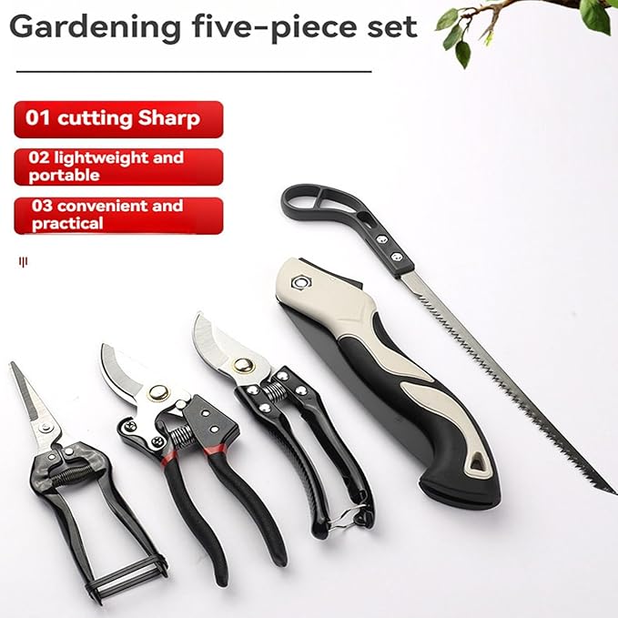 5 Piece Stainless Steel Gardening Tool Set with Ergonomic Handles – Rustproof Garden Kit Including 3 Pruning Shears and 2 Folding SawsPerfect for Trimming Cutting and Landscaping