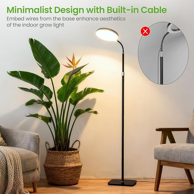 20W Full Spectrum Grow Light for Indoor Plants 63in Adjustable Floor Lamp with Gooseneck 4000K Natural Sunlike Light 3/9/12H Auto On/Off Timer 10-Level Dimmable for Tall Small Plants