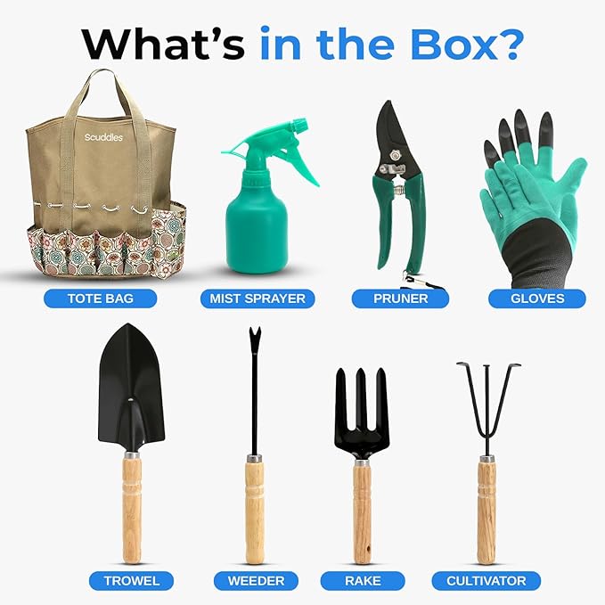 Scuddles All-in-One Gardening Tool Set with Large Storage Tote – Durable Rust-Resistant Hand Tools with Ergonomic Grip for Digging Weeding &amp Planting – Ideal Garden Gift for Women Men &amp Beg