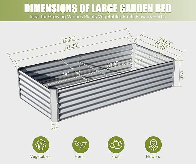 6x3x1.5ft Galvanized Raised Garden Bed Outdoor Planter Garden Boxes Large Metal Planter Box for Gardening Vegetables Fruits Flowers Silver