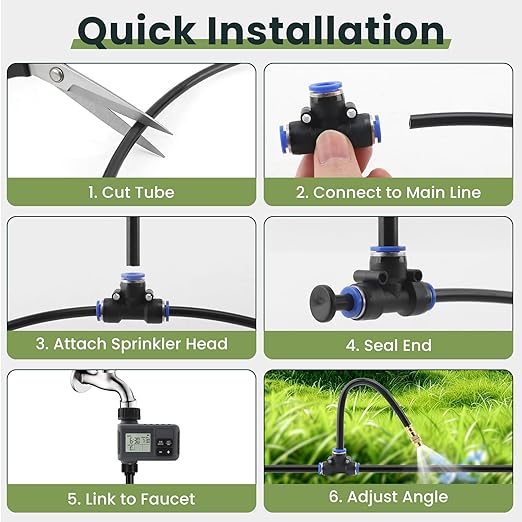 100FT Automatic Drip Irrigation Kits with Water Timer - Garden Watering System with 360° Bendable Spray Adjustable Copper Atomizing Nozzles for Yard Lawn Raised Bed Greenhouse Potted Plants