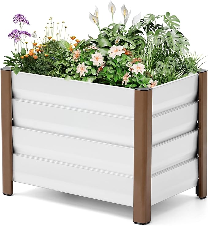 Garvee Aluminum Planter Box 24x16x18 Modern Raised Garden Bed with Rounded Corners &amp Anti-Cut Edging Deep Design with Drainage Holes for Outdoor Patio &amp Balcony White