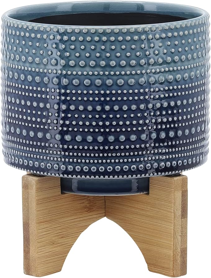 5 Dotted Planter W Wood Stand Blue