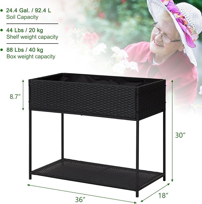 Kinpaw Rattan Raised Garden Bed with Liner- Planter Box with Underneath Tool Storage Rack Elevated Planting Containers with Legs Handmade Wicker Plants Pot Holder for Herbs Vegetables Flowers