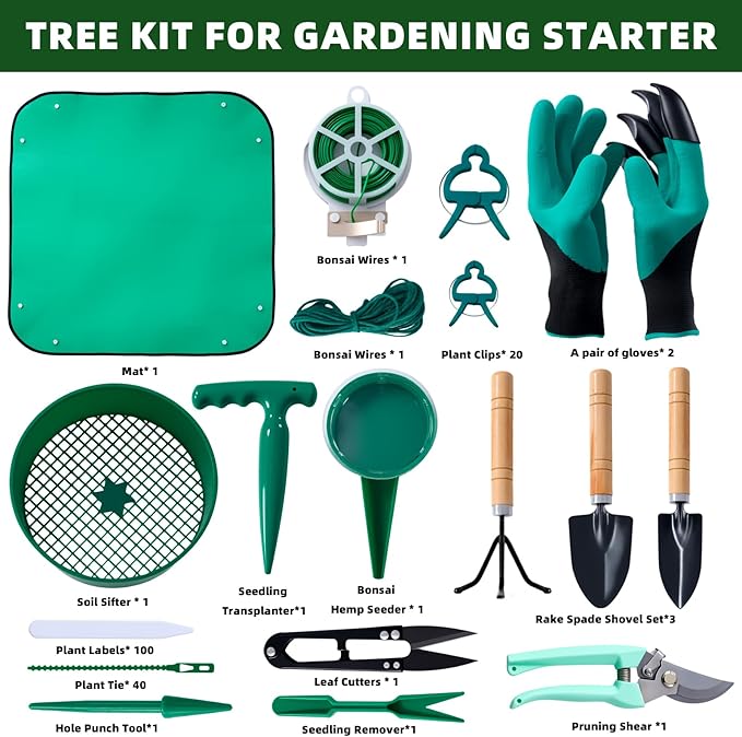 18-Piece Gardening Kit with Bonsai Tools Succulent &amp Herb Planting Set Pruning Shears Seed Trays Waterproof Mat – Durable BPA-Free Indoor &amp Outdoor Garden Tool Set Gift