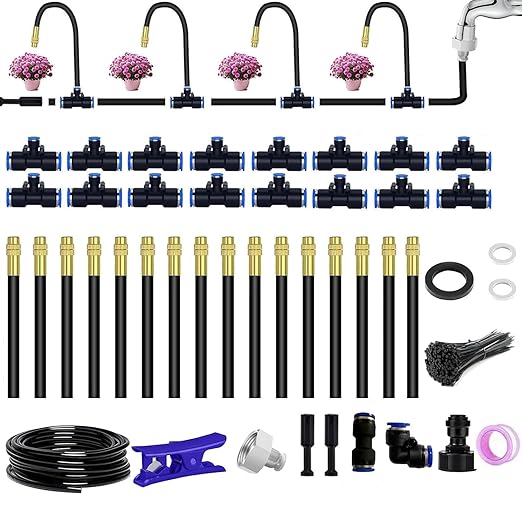 50ft Drip Irrigation Kit Garden Watering System with 360° Adjustable Brass Nozzles &amp Flexible Mist Tubing DIY Automatic Plant Waterer for Greenhouse Patio Lawn Flower Bed (1/4 Hose)