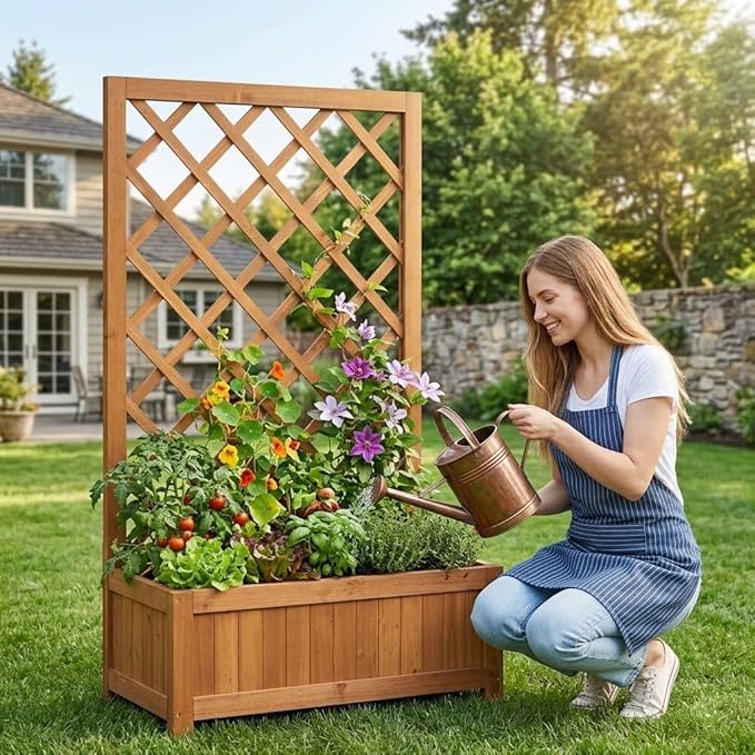 Wooden Raised Garden Bed with Trellis 40 Outdoor Planter Box for Climbing Plants Vertical Warm Brown Garden Planter for Vegetables Flowers &amp Vines Lattice Plant Support for Patio Yard Balcony