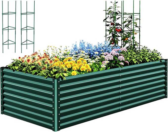 Quictent Galvanized Raised Garden Bed 8x4x2 Ft Tall Metal Planter Box for Vegetables Outdoor Bottomless for Backyard 2 Tomato Cages Included 22.04 Deep (Green)