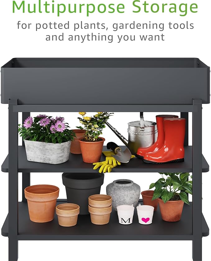 Metal Raised Garden Bed with Trellis &amp 2-Tier Storage Shelf Elevated Planter Box with Legs -Includes 3 Flower Pots Outdoor Vertical Garden for Vegetables Herbs Climbing Plants Patio Balcony