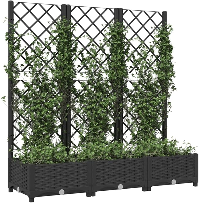 Large Garden Planter Black Polypropylene 47.2 with Trellis Raised Garden Bed for Outdoor Plants Balcony Terrace Gardening