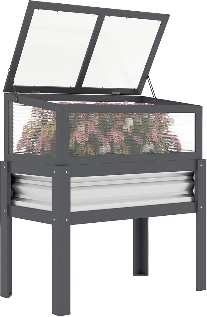 Outsunny Wooden Raised Garden Bed with Flip-Up Greenhouse Top Raised Garden Bed with Legs and Bed Liner Elevated Planter Box for Flowers Vegetables Herbs Gray