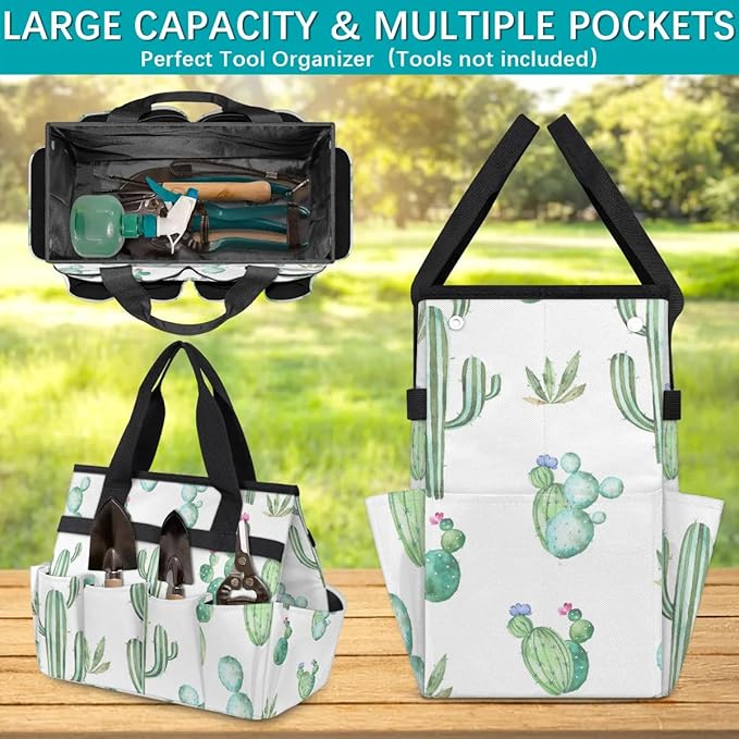 Garden Tool BagCactus Plants Pattern Gardening Organizer Bag With Pockets Garden Tool Kit Storage Tote for Women Men Garden Tool Set Holder