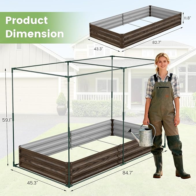 DoCred Crop Cage with Raised Garden Bed 84.6 x 45.3 x 59 Plant Protection Tent Garden Cages with Window 2 in 1 Galvanized Raised Garden Bed Kit and Mesh Cover for Garden Yard Lawn