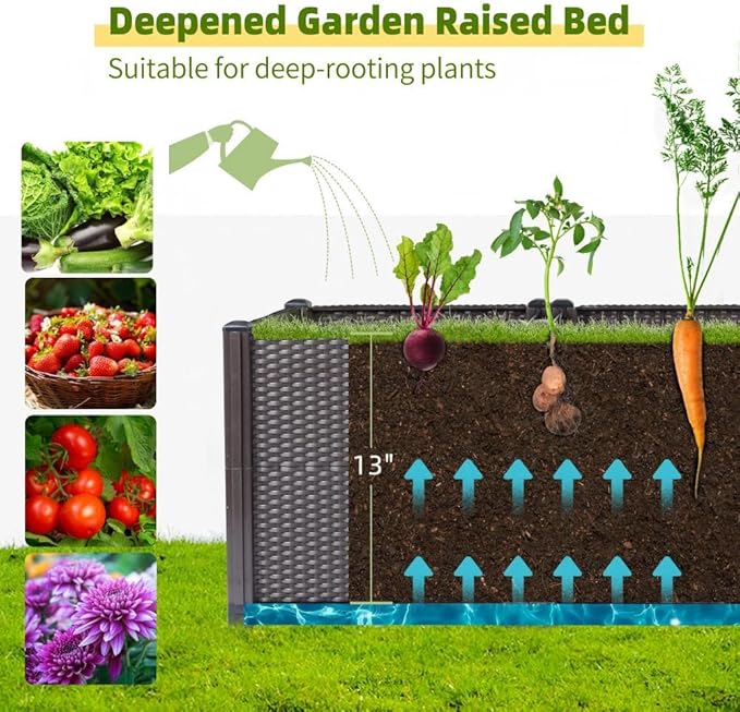 Emalie Deep Raised Garden Beds Large Plastic Planter Box with Drainage Plugs for Veggies Flowers Herbs Deep Root Plants Growing 63.0 Lx15.7 Wx16.9 H Brown
