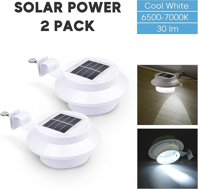 Yescom Solar Gutter Light Outdoor Waterproof 3 LED Deck Fence Lights with Bracket Wall Garden Stair Step Yard White 2Pcs
