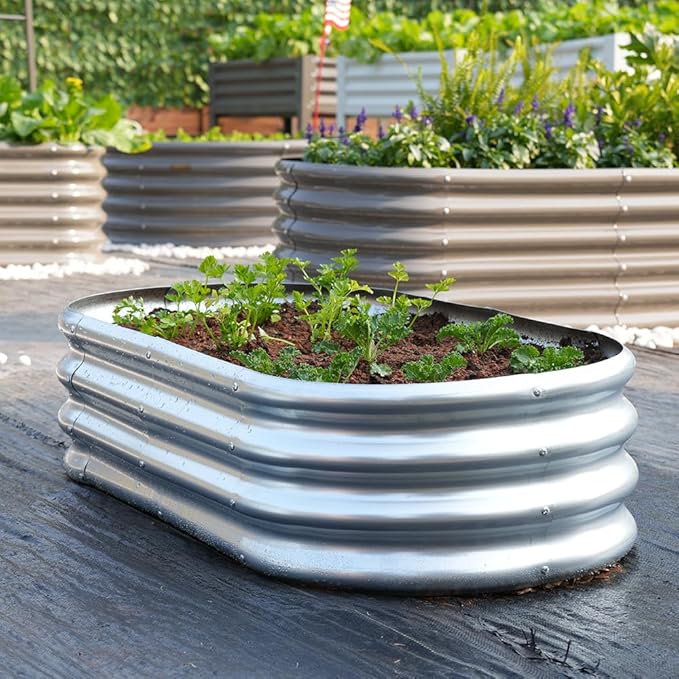 1 Pack 4x2x1ft Galvanized Raised Garden Bed Kit Oval Metal Ground Planter Box Outdoor Bottomless Planter Raised Beds for Vegetables Flowers Herbs Fruits Silver