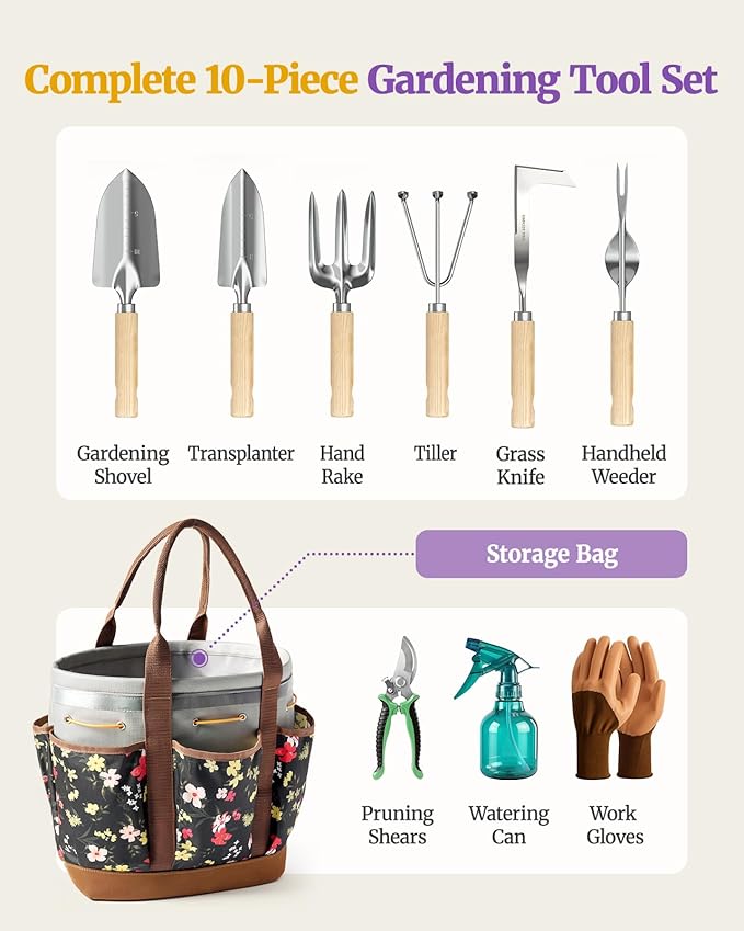 10-Piece Garden Tool Set with Reinforced Storage Bag Heavy-Duty Stainless Steel Gardening Tools with Premium Ergonomic Ash Wood Handles Professional Rust-Proof Garden Gift Set for Women Men