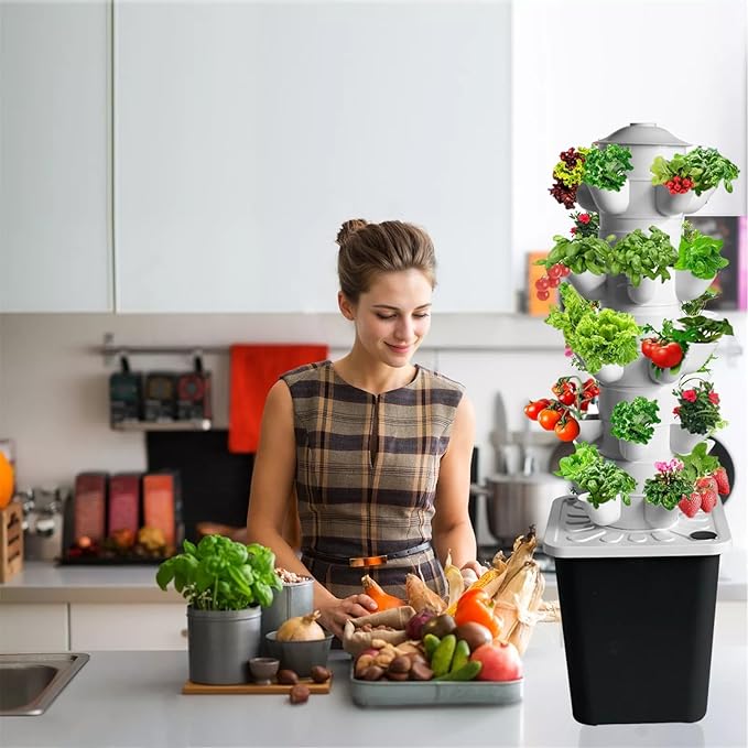 Hydroponic Tower Growing System 18/25 Plant Vertical Planter Germination Kit with Pump Timer and 10L Water Tank for Grow Herbs and Vegetables