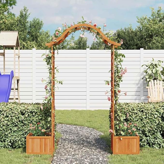 Wooden Garden Pergola with Planter Solid Firwood Planter with Trellis Outdoor Raised Garden Bed for Plants Hanging Flower Baskets Brwon-160